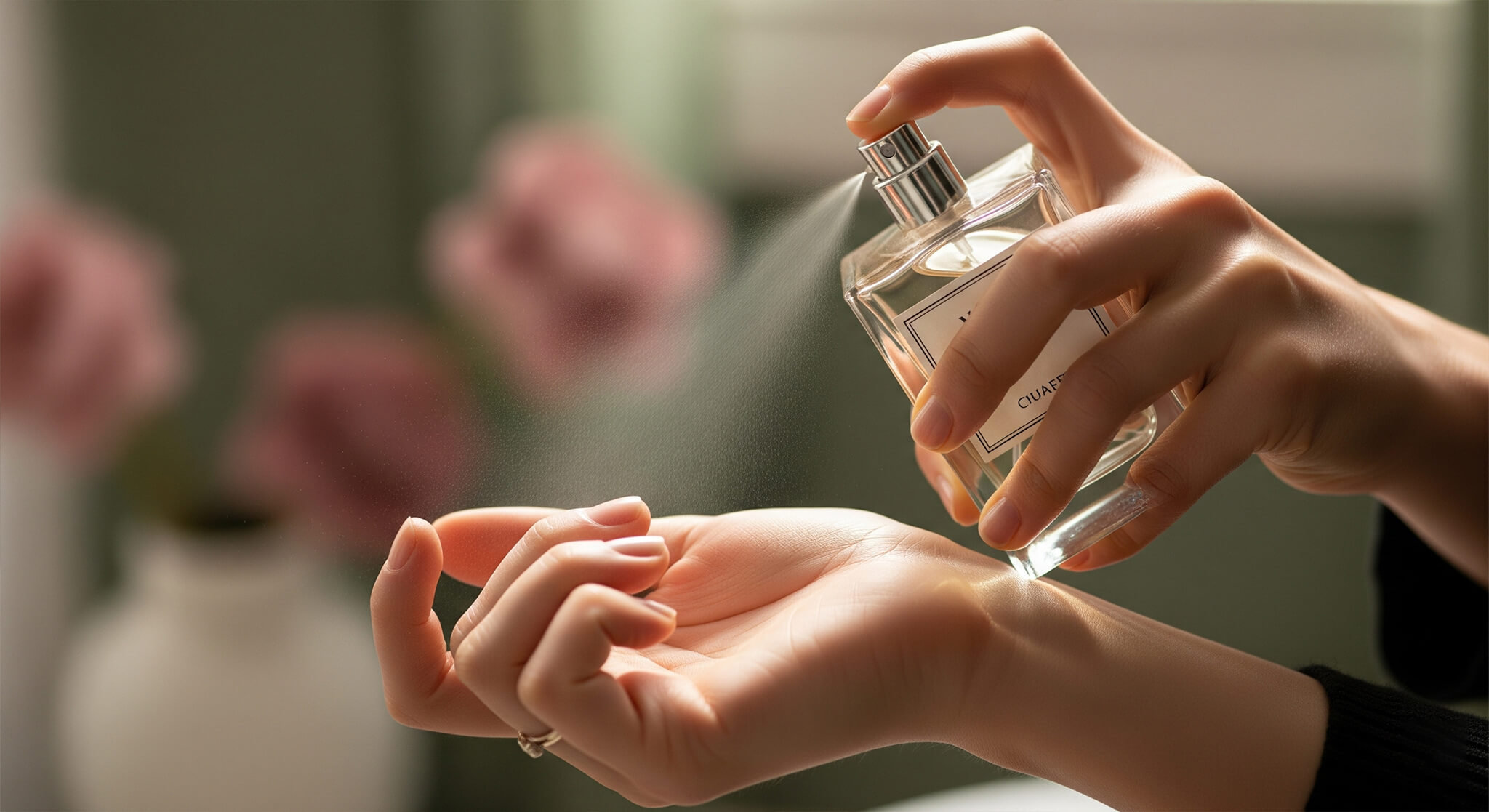 A guide with science-backed tips on how to make perfume last longer, illustrated by a close-up of a woman spraying perfume onto her wrist's pulse point.