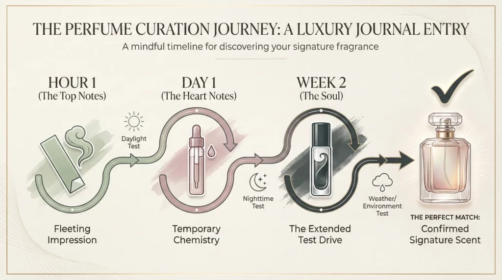 Infographic timeline showing the fragrance testing journey from paper blotter to rollerball commitment.