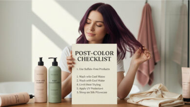 Alt Text: A young woman with vibrant purple hair holding a "POST-COLOR CHECKLIST" sign in a bright bathroom, surrounded by hair care products from Sylvaia in Dusty Rose and Sage Green. The checklist includes tips like "Use Sulfate-Free Products" and "Wash with Cool Water," emphasizing how to make hair color last longer and prevent fading for optimal post-coloring hair care.