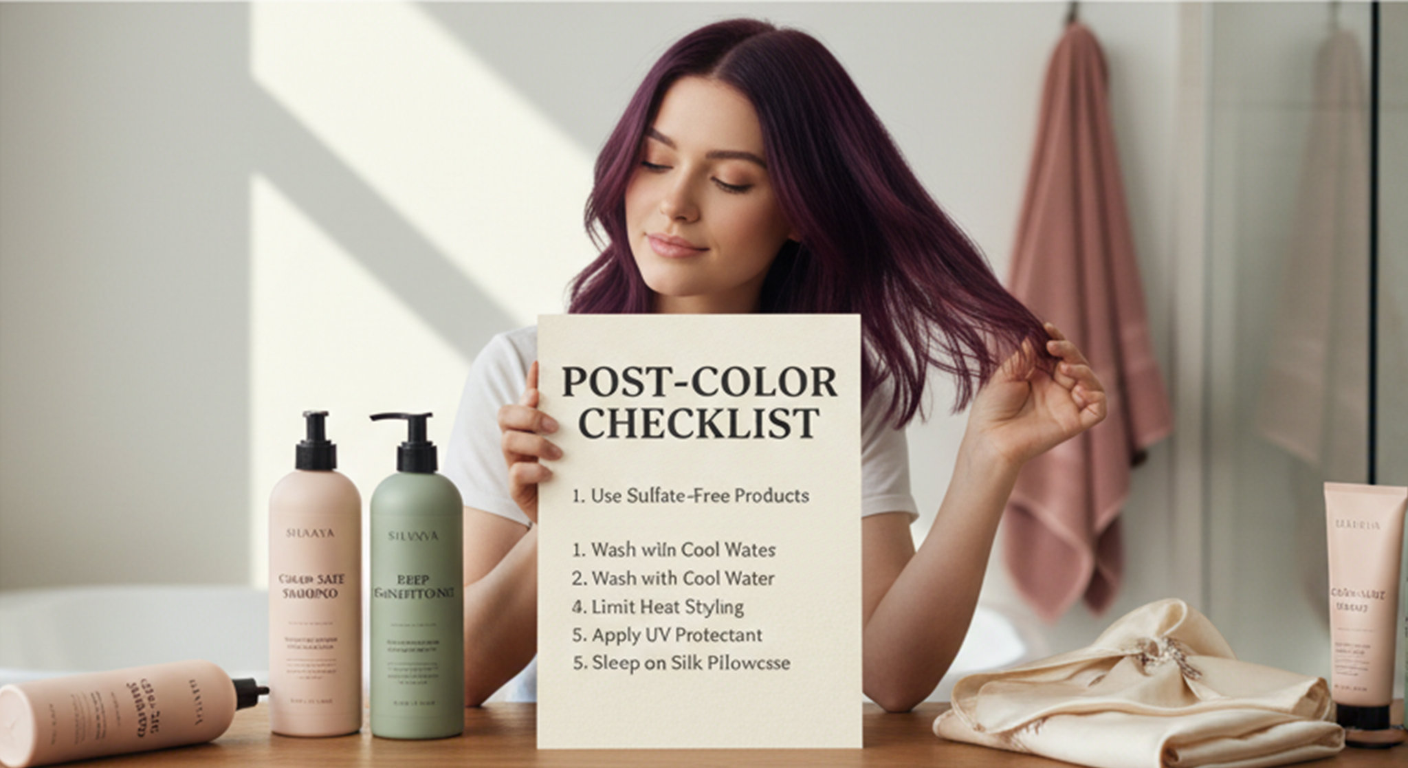 Alt Text: A young woman with vibrant purple hair holding a "POST-COLOR CHECKLIST" sign in a bright bathroom, surrounded by hair care products from Sylvaia in Dusty Rose and Sage Green. The checklist includes tips like "Use Sulfate-Free Products" and "Wash with Cool Water," emphasizing how to make hair color last longer and prevent fading for optimal post-coloring hair care.