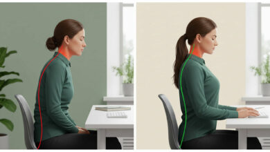 The ultimate guide on how to fix your posture to relieve back and neck pain, depicted with a split image showing incorrect posture (red line) on the left and corrected posture (green line) on the right, both featuring a woman working at a desk.