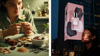 On the left, a woman in a sage green shirt is in a perfumer's lab, intently studying a small white flower. In front of her is a collection of natural ingredients like cinnamon sticks, star anise, and vanilla beans. On the right, a woman in a dark shirt looks up in awe at a large, glamorous perfume ad on the side of a skyscraper at night. The ad features a sleek perfume bottle against a background of dusty rose and charcoal.