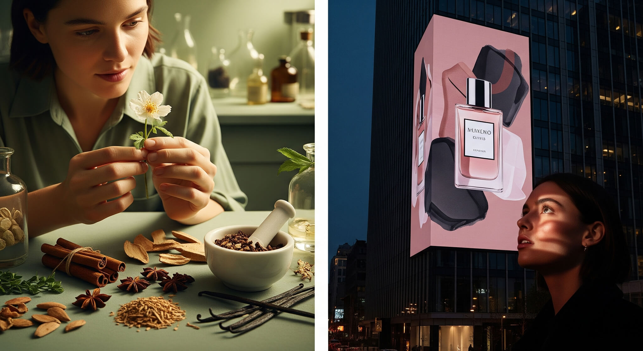 On the left, a woman in a sage green shirt is in a perfumer's lab, intently studying a small white flower. In front of her is a collection of natural ingredients like cinnamon sticks, star anise, and vanilla beans. On the right, a woman in a dark shirt looks up in awe at a large, glamorous perfume ad on the side of a skyscraper at night. The ad features a sleek perfume bottle against a background of dusty rose and charcoal.