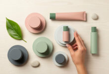 Hand arranging 'clean beauty' products (dusty rose, sage green, charcoal) and natural elements on a cream background, symbolizing honest branding and ingredient review.