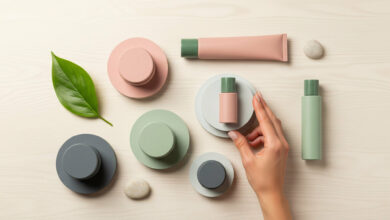 Hand arranging 'clean beauty' products (dusty rose, sage green, charcoal) and natural elements on a cream background, symbolizing honest branding and ingredient review.
