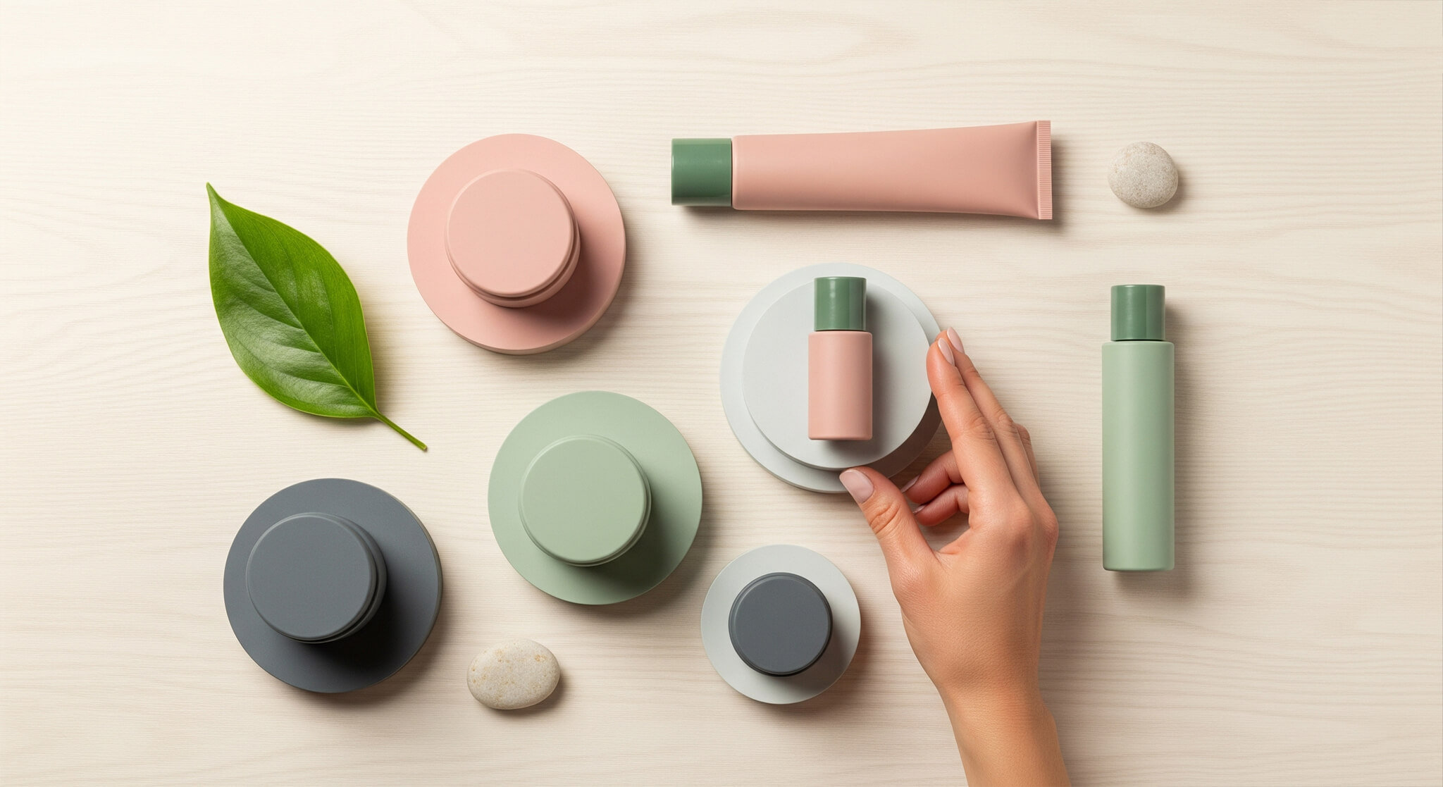 Hand arranging 'clean beauty' products (dusty rose, sage green, charcoal) and natural elements on a cream background, symbolizing honest branding and ingredient review.