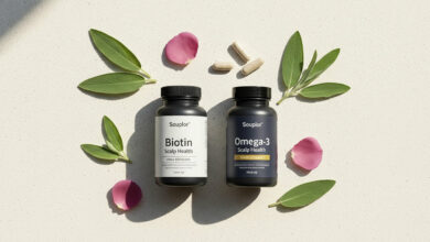 Alt Text: A minimalist flat lay of Biotin and Omega-3 supplement bottles, ranked as the best for reducing a dry scalp and promoting overall scalp health for stronger, healthier hair.