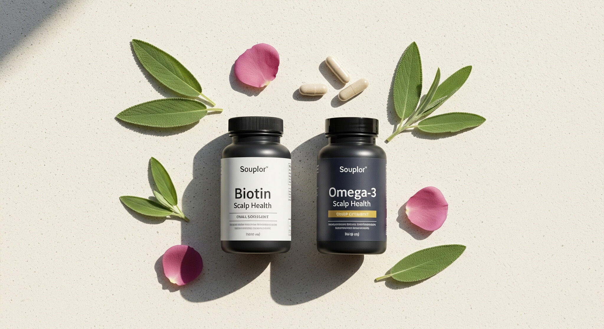 Alt Text: A minimalist flat lay of Biotin and Omega-3 supplement bottles, ranked as the best for reducing a dry scalp and promoting overall scalp health for stronger, healthier hair.