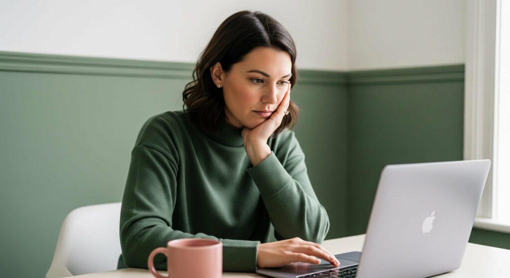 A young woman wearing a Sage Green sweater sits at a desk, resting her face on her hand while looking at a laptop. This represents 'Habit #2: Resting Your Face on Your Hands,' a 'daily habit secretly damaging your skin' according to the 'guide to adult acne