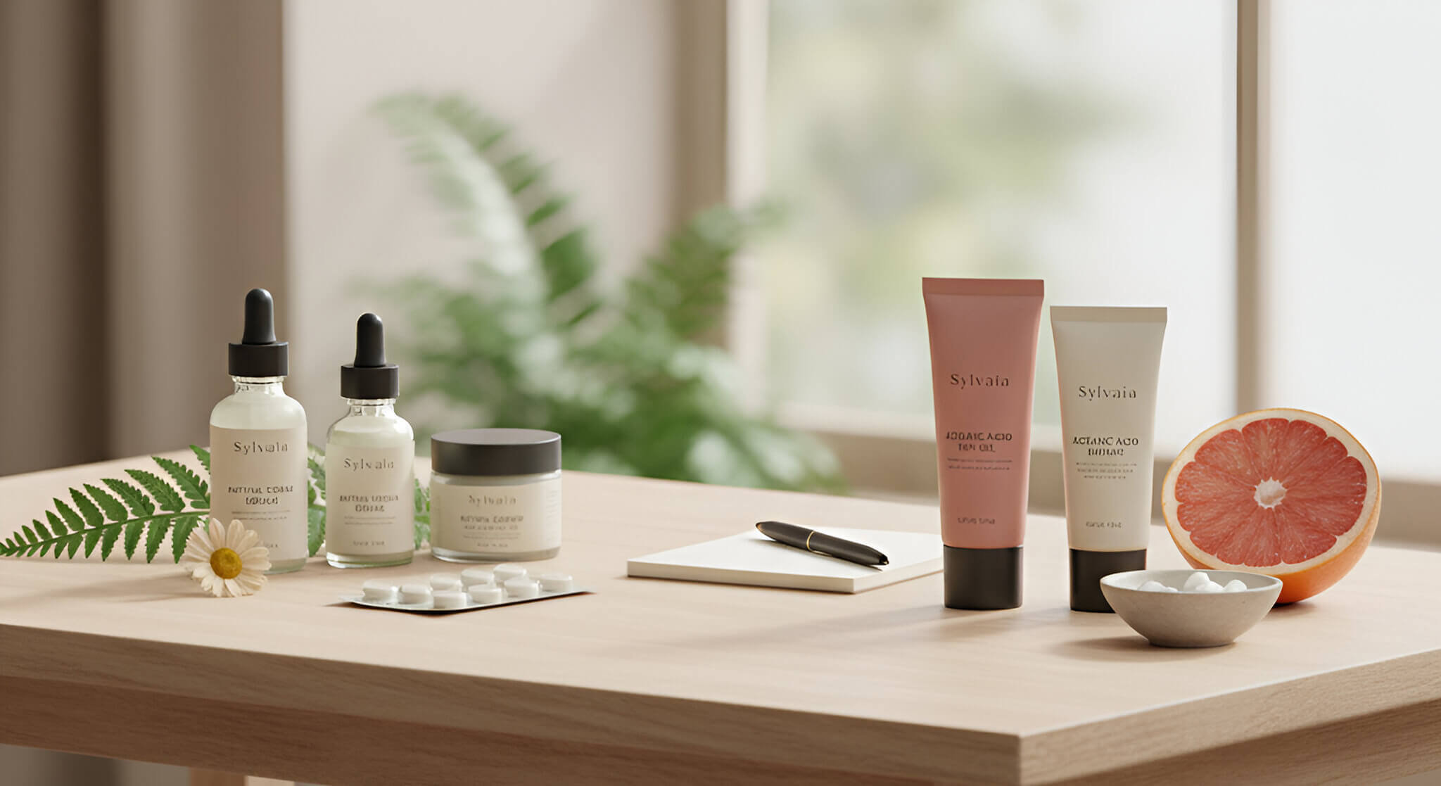 Skincare products containing retinol and azelaic acid on a wooden table, alongside a notepad, pen, and a grapefruit. The products are presented in elegant Sylvaia packaging, emphasizing solutions for adult acne and promoting healthy skin. The scene suggests a thoughtful approach to choosing between different acne treatments.