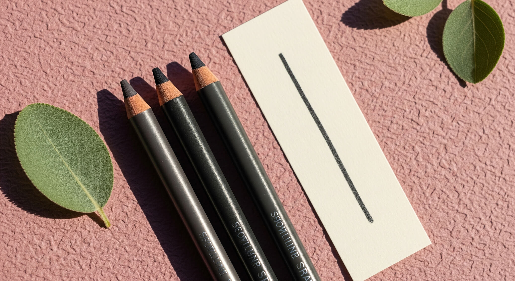 A review of the best no-tug eyeliner pencils, showing three products and a smooth swatch that demonstrates a gentle glide suitable for mature eyelids.