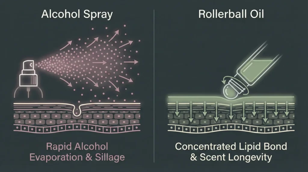 Scientific diagram comparing perfume spray dispersion with concentrated rollerball oil application.