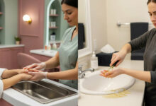 A split-screen, photorealistic image comparing a professional salon paraffin wax treatment with an at-home kit. On the left, a woman in a white robe is smiling as a salon professional gently dips her hands into a paraffin wax bath in a stylish salon with dusty rose and sage green decor. On the right, a woman in a charcoal shirt looks frustrated as she messily applies paraffin wax to her hands over a bathroom sink, with wax dripping everywhere.