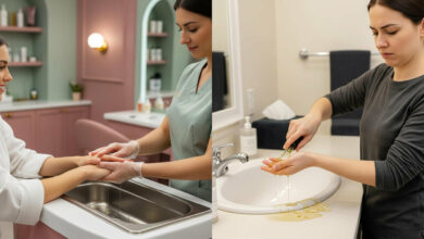 A split-screen, photorealistic image comparing a professional salon paraffin wax treatment with an at-home kit. On the left, a woman in a white robe is smiling as a salon professional gently dips her hands into a paraffin wax bath in a stylish salon with dusty rose and sage green decor. On the right, a woman in a charcoal shirt looks frustrated as she messily applies paraffin wax to her hands over a bathroom sink, with wax dripping everywhere.
