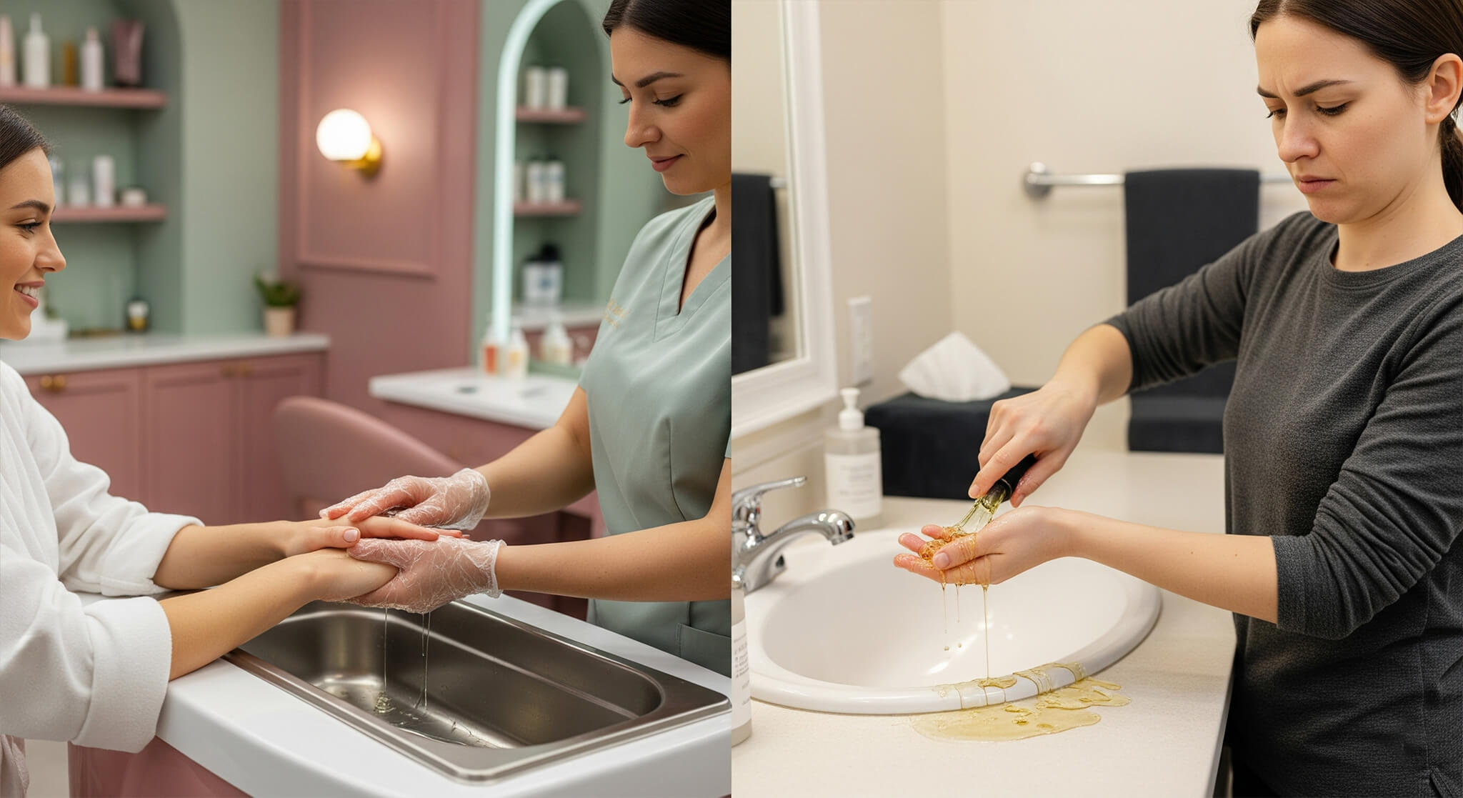 A split-screen, photorealistic image comparing a professional salon paraffin wax treatment with an at-home kit. On the left, a woman in a white robe is smiling as a salon professional gently dips her hands into a paraffin wax bath in a stylish salon with dusty rose and sage green decor. On the right, a woman in a charcoal shirt looks frustrated as she messily applies paraffin wax to her hands over a bathroom sink, with wax dripping everywhere.
