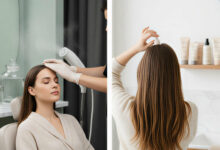 Alt text: A split-screen image comparing a professional salon scalp treatment being applied by a stylist on one side, with a curated collection of at-home scalp care products on the other side.