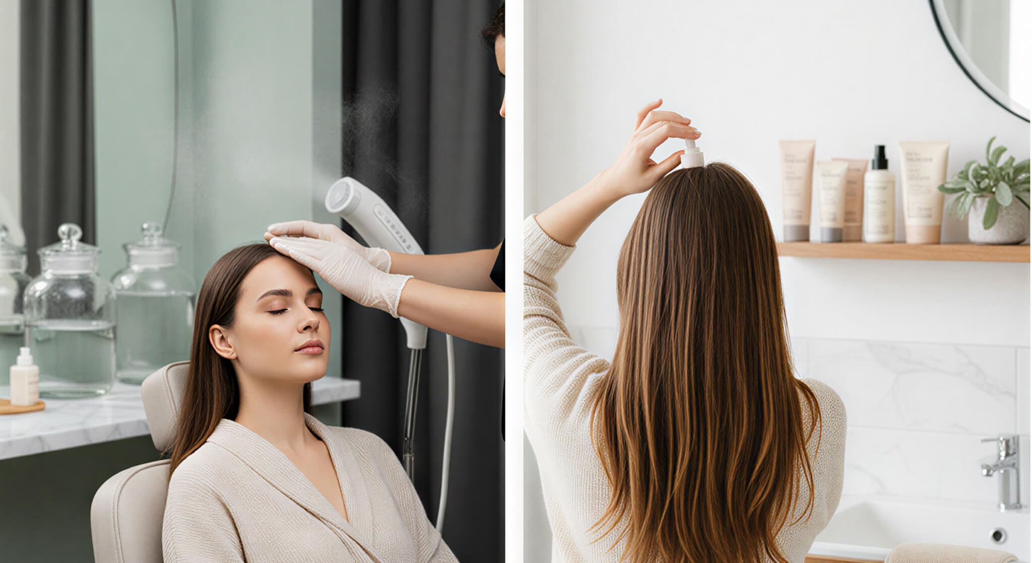 Alt text: A split-screen image comparing a professional salon scalp treatment being applied by a stylist on one side, with a curated collection of at-home scalp care products on the other side.