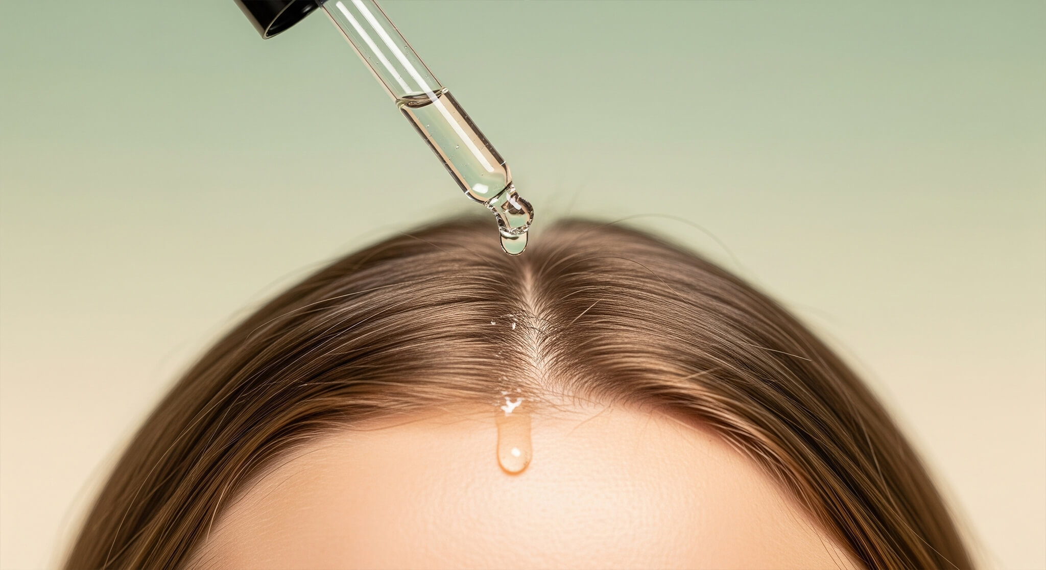 A guide to scalp health for stronger, healthier hair, showing a close-up of a serum dropper applying product to a clean scalp to achieve healthier hair.