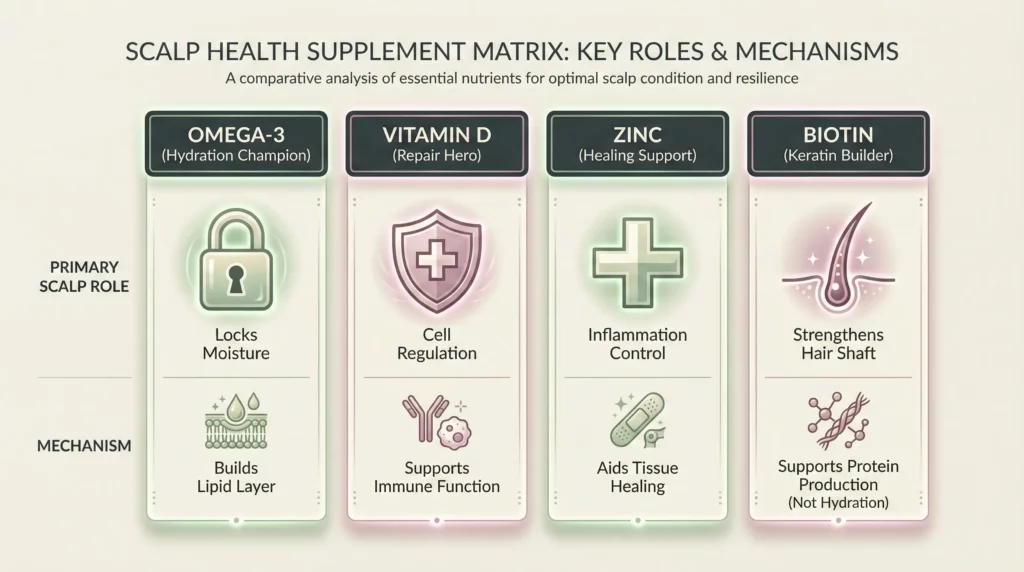 An infographic matrix comparing the primary roles and mechanisms of Omega-3, Vitamin D, Zinc, and Biotin for scalp health.