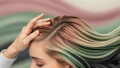 A close-up, photorealistic image focusing on a person's healthy scalp and multicolored hair. The hair is styled with streaks of dusty rose, sage green, cream, and charcoal. One hand gently runs through the hair at the crown of the head, while the other holds the ends. The background is a soft, blurred composition of the same colors, creating a serene atmosphere.