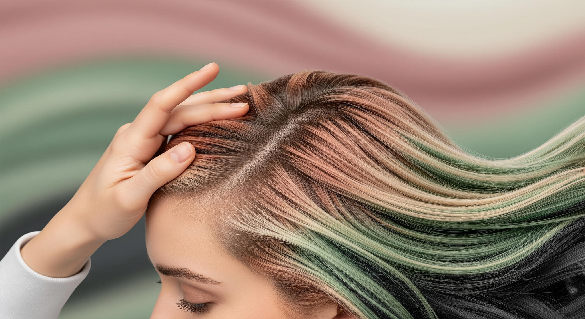 A close-up, photorealistic image focusing on a person's healthy scalp and multicolored hair. The hair is styled with streaks of dusty rose, sage green, cream, and charcoal. One hand gently runs through the hair at the crown of the head, while the other holds the ends. The background is a soft, blurred composition of the same colors, creating a serene atmosphere.