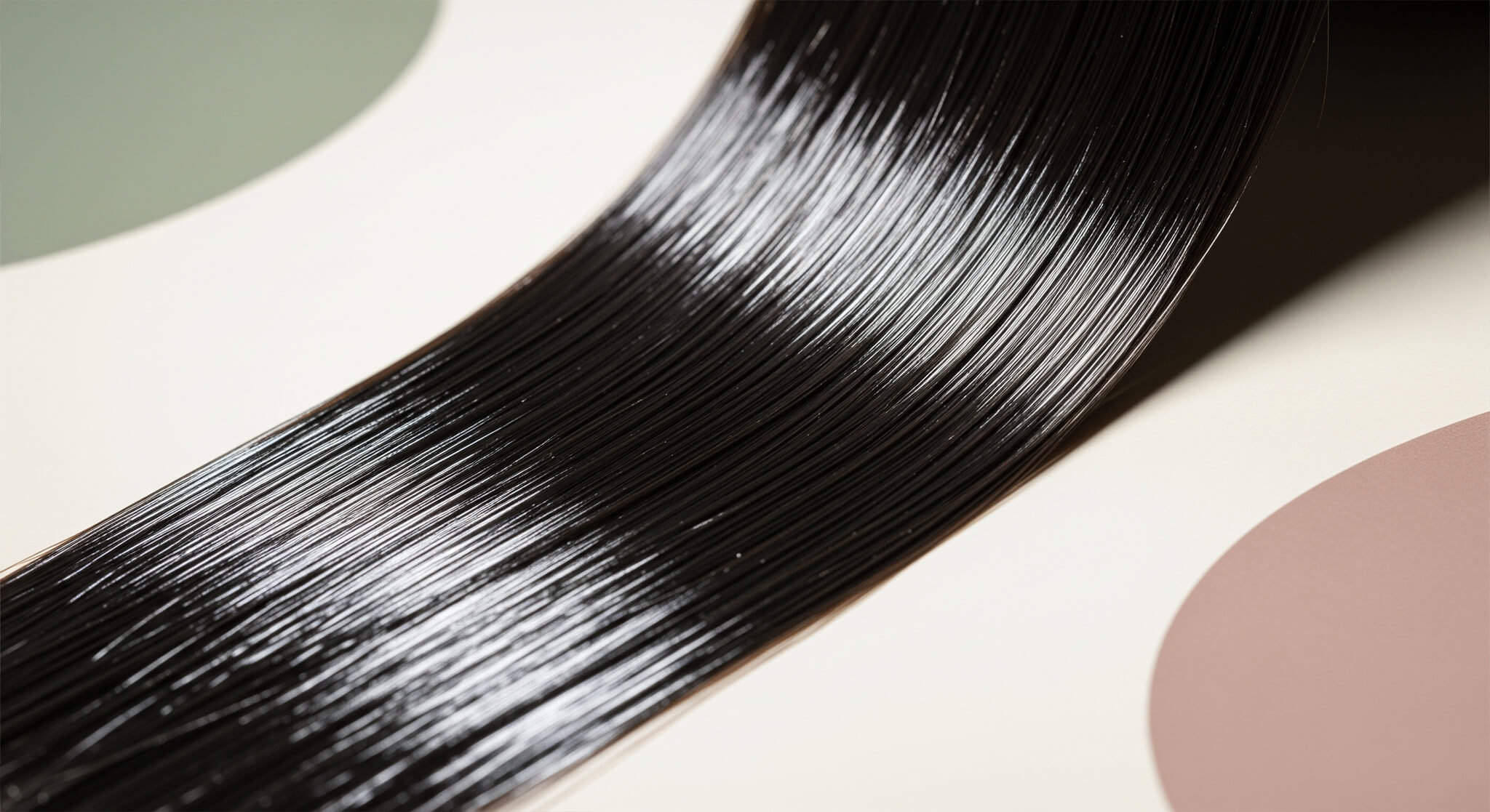 A complete scientific guide to getting shiny, glossy hair, illustrated by an extreme close-up of a perfectly smooth and reflective lock of dark hair against a minimalist, colored background.