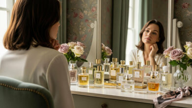 A perfume guide on how to find your signature scent, showing a woman thoughtfully looking at her reflection with a large selection of perfumes on her vanity, connecting a scent to her personality.