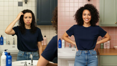 image showing the different effects of silicone-based products on frizzy hair. On the left, a woman with dark, curly hair looks in a mirror with a sad and confused expression, touching her hair which appears weighed-down and greasy. The bathroom has cream and charcoal tones. On the right, the same woman has beautifully defined, frizz-free curls and a confident, happy smile, with her hands on her hips. The bathroom on this side has a fresh feel with dusty rose and sage green colors.