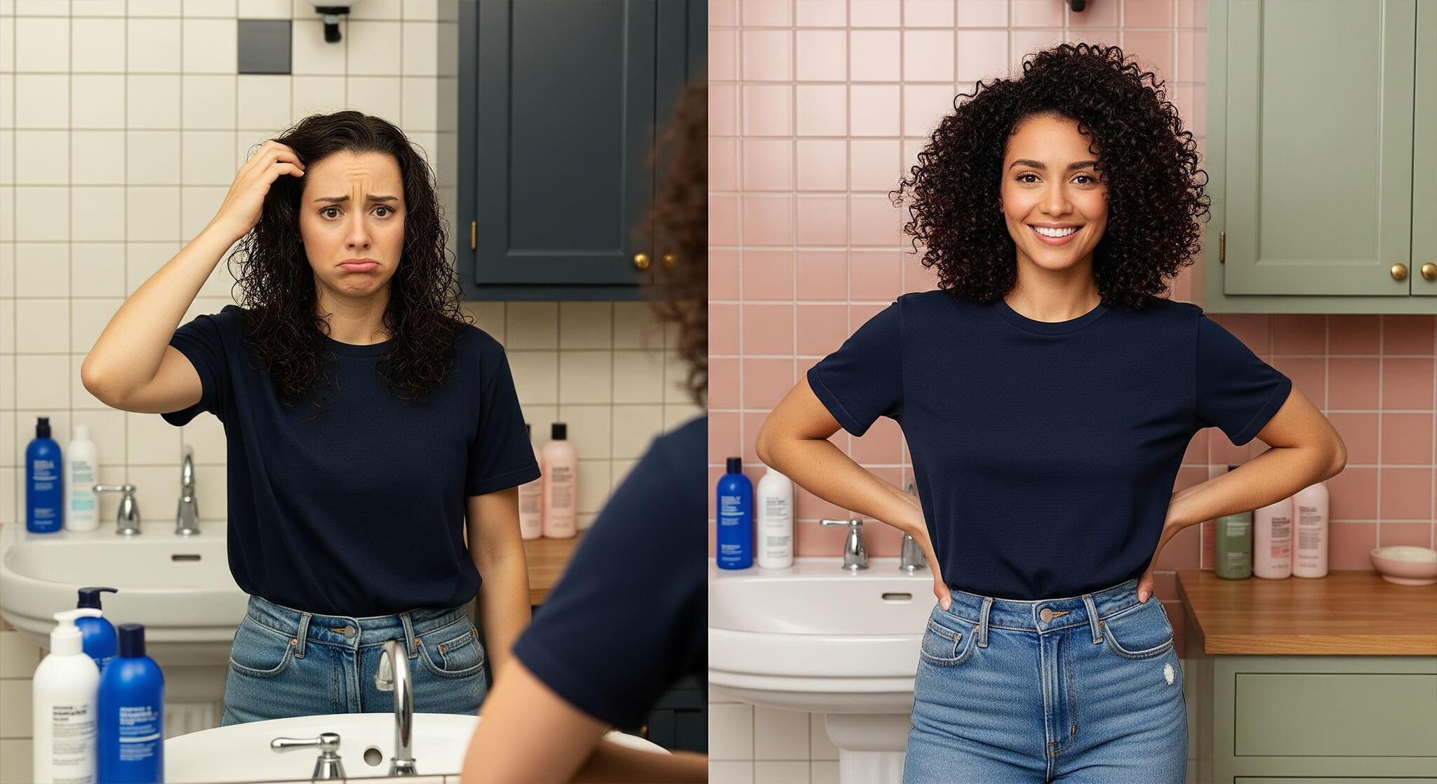 image showing the different effects of silicone-based products on frizzy hair. On the left, a woman with dark, curly hair looks in a mirror with a sad and confused expression, touching her hair which appears weighed-down and greasy. The bathroom has cream and charcoal tones. On the right, the same woman has beautifully defined, frizz-free curls and a confident, happy smile, with her hands on her hips. The bathroom on this side has a fresh feel with dusty rose and sage green colors.