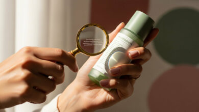 A person's hands hold a sage green and frosted cream skincare bottle, with a vintage golden magnifying glass examining the "Ingredients" list on the label. The background features dusty rose, sage green, and cream geometric shapes.