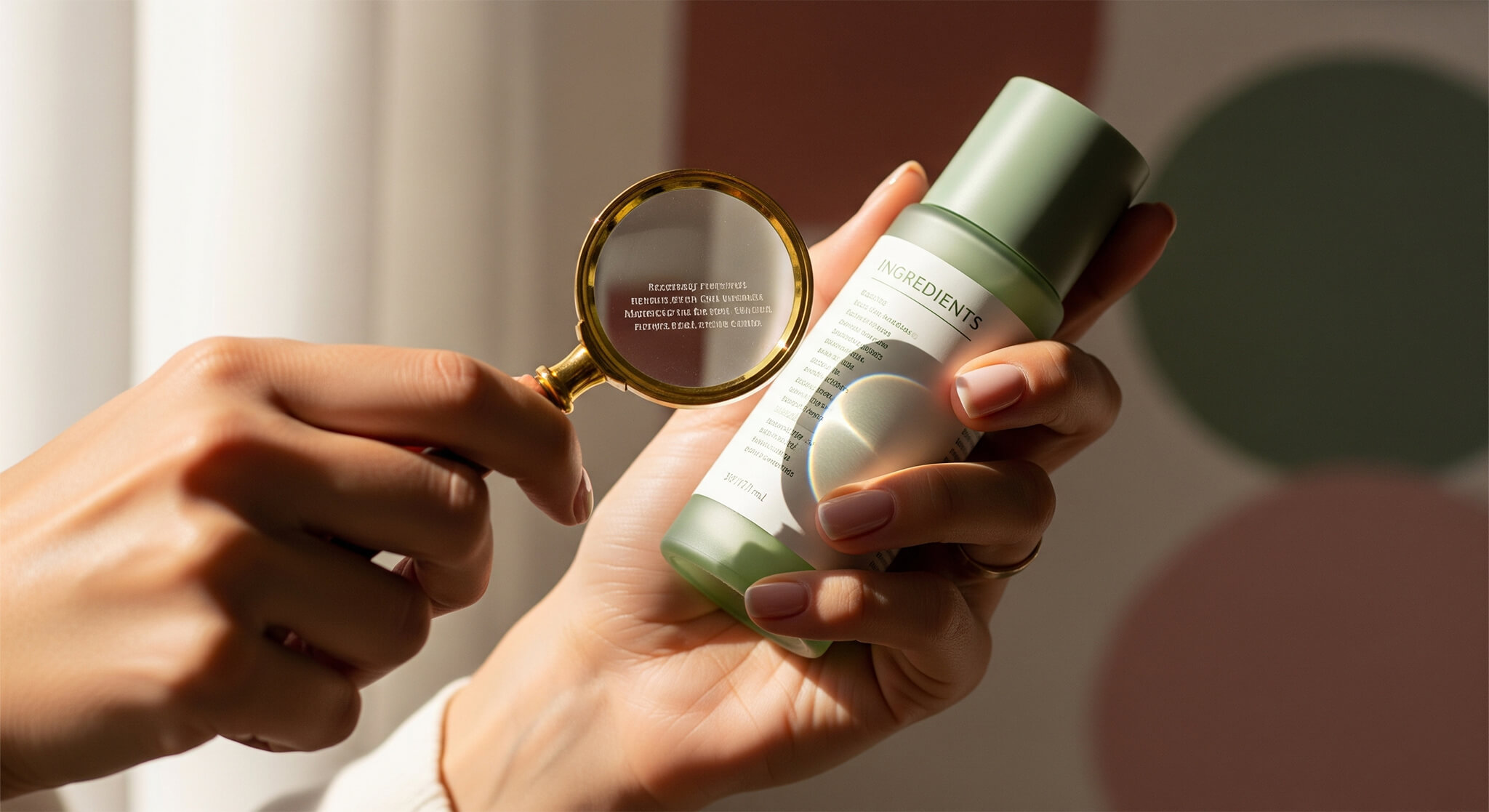 A person's hands hold a sage green and frosted cream skincare bottle, with a vintage golden magnifying glass examining the "Ingredients" list on the label. The background features dusty rose, sage green, and cream geometric shapes.