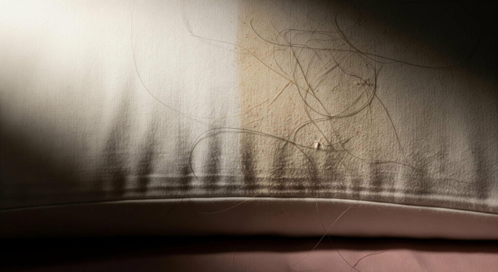 A close-up of a dirty, stained pillowcase covered in hair, oil, and debris, representing 'Habit #5: Sleeping on a 'Bacterial Buffet'.' This image highlights a 'daily habit secretly damaging your skin' and contributing to 'adult acne