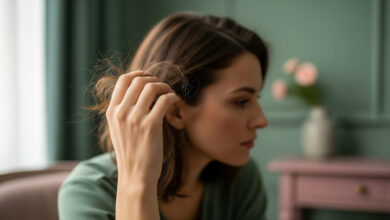 A guide to how stress causes hair loss, showing a worried woman in a sage green and dusty rose room, running a hand through her hair with a few loose strands caught in her fingers, symbolizing hair damage.
