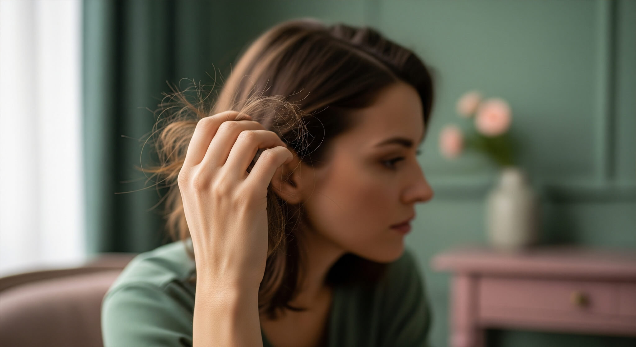 A guide to how stress causes hair loss, showing a worried woman in a sage green and dusty rose room, running a hand through her hair with a few loose strands caught in her fingers, symbolizing hair damage.
