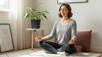 A science-backed guide for women on managing stress, featuring a photo of a calm woman meditating in a peaceful, sunlit corner of her home to find tranquility.