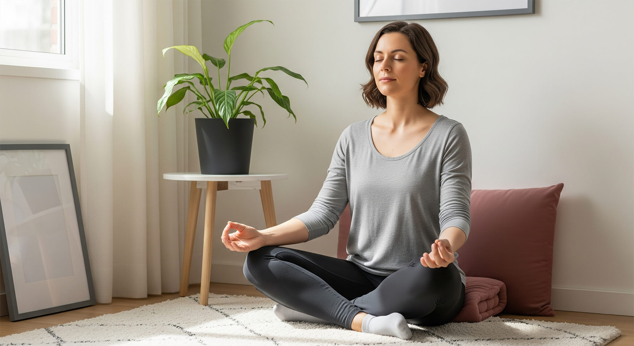 A science-backed guide for women on managing stress, featuring a photo of a calm woman meditating in a peaceful, sunlit corner of her home to find tranquility.