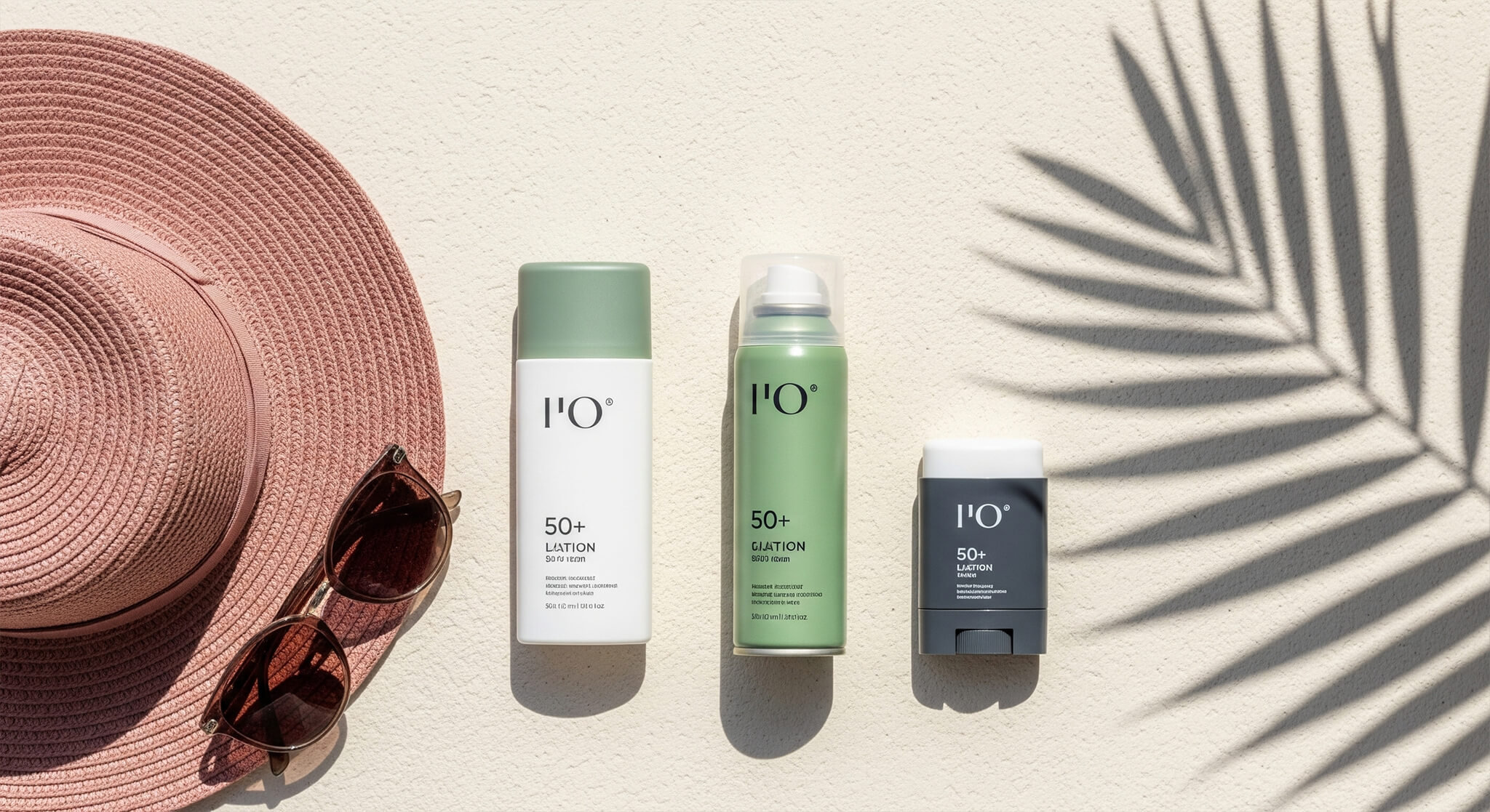 A guide to choosing and applying sunscreen correctly, shown as a flat-lay with a sun hat, sunglasses, and various sunscreen types (lotion, spray, stick) on a cream surface with a palm leaf shadow.