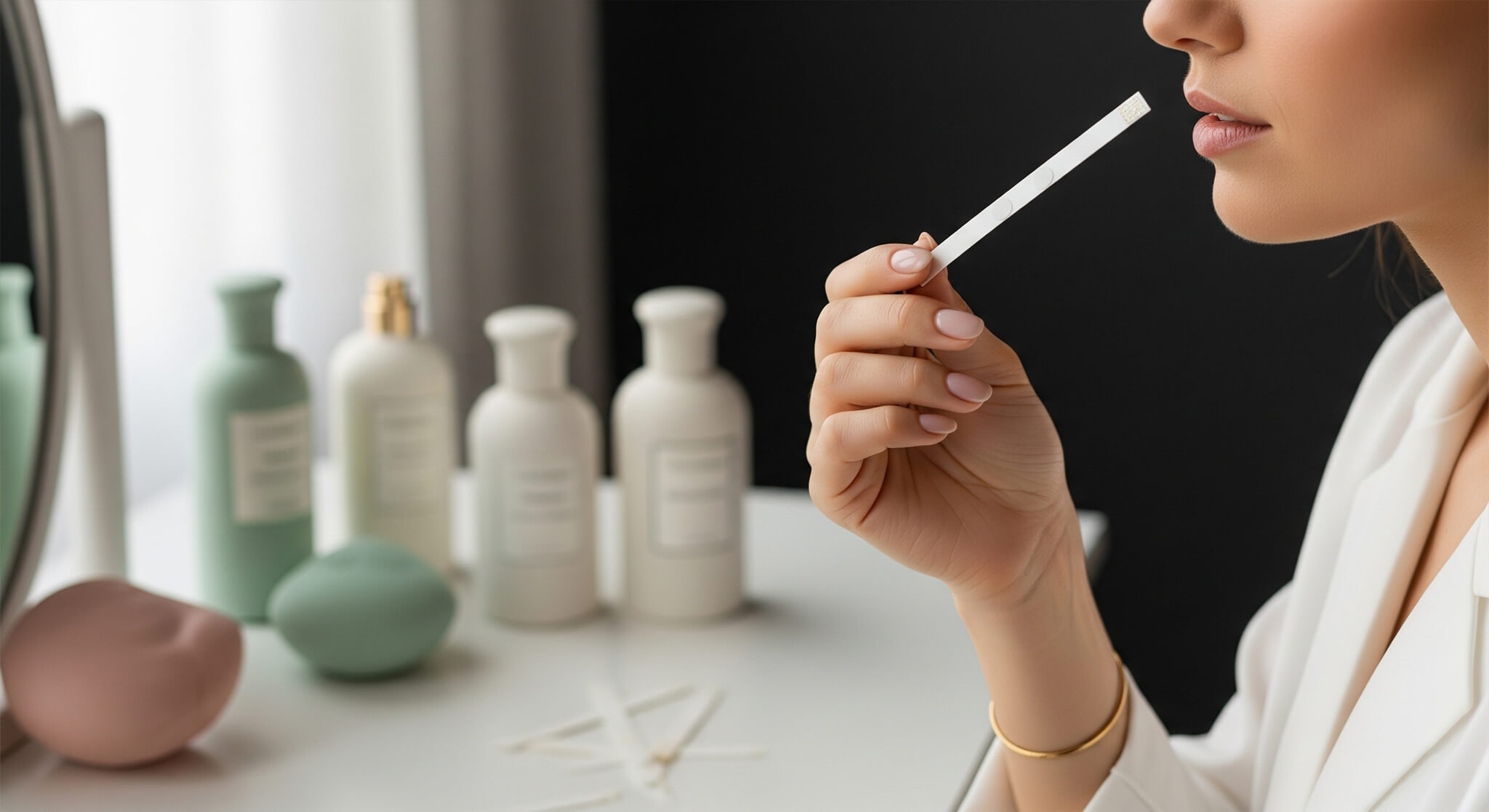 An expert guide on how to test and choose perfume, illustrated by a close-up of a woman thoughtfully smelling a perfume test strip to avoid costly mistakes, with various bottles in the background.