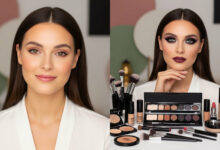 A split-screen, photorealistic image showing a woman's makeup transformation. On the left, she has a natural, "no-makeup" look and a gentle smile. On the right, she has a dramatic smoky eye and a confident expression, with one hand resting on her chin. In front of her on the right are the various makeup products used for the look, including eyeshadow palettes, brushes, and foundation. The background features abstract shapes in dusty rose, sage green, and cream.