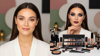 A split-screen, photorealistic image showing a woman's makeup transformation. On the left, she has a natural, "no-makeup" look and a gentle smile. On the right, she has a dramatic smoky eye and a confident expression, with one hand resting on her chin. In front of her on the right are the various makeup products used for the look, including eyeshadow palettes, brushes, and foundation. The background features abstract shapes in dusty rose, sage green, and cream.