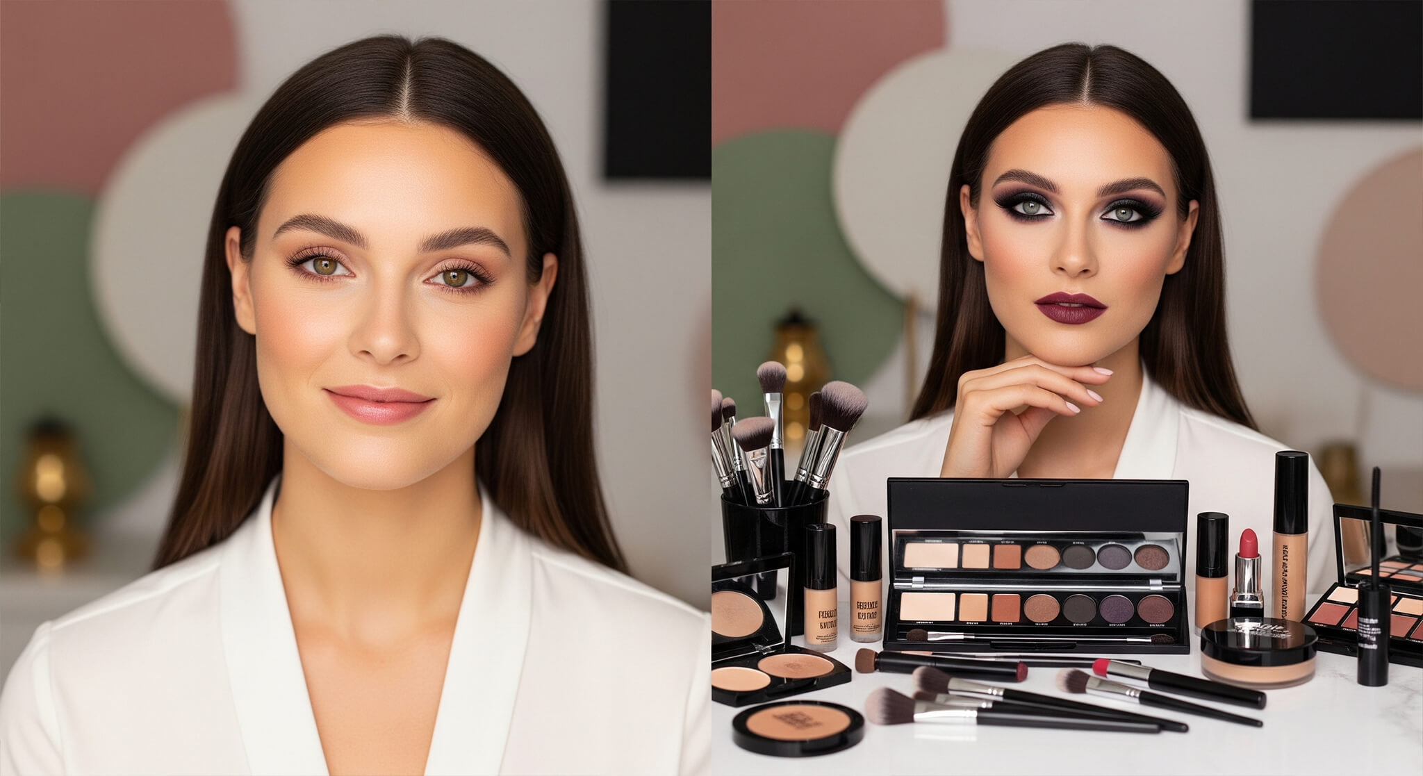 A split-screen, photorealistic image showing a woman's makeup transformation. On the left, she has a natural, "no-makeup" look and a gentle smile. On the right, she has a dramatic smoky eye and a confident expression, with one hand resting on her chin. In front of her on the right are the various makeup products used for the look, including eyeshadow palettes, brushes, and foundation. The background features abstract shapes in dusty rose, sage green, and cream.