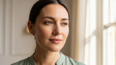 A woman with a rested and serene expression, showcasing the effects of having brighter skin and how to look less tired, as she gazes thoughtfully out a sunlit window.