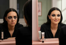 image depicting the difference between using and not using eyeshadow primer. On the left, a woman with smudged, dark eyeshadow and a disappointed expression looks into a mirror, highlighting the 'mistake' of not using primer. On the right, the same woman looks confident and happy, with perfectly applied, long-lasting dark eyeshadow, demonstrating the benefits of primer. The vanity is dusty rose, with cream and sage green elements in the background, contrasting the 'before' and 'after' looks for optimal visibility in makeup and beauty searches.