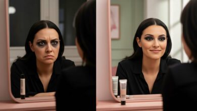 image depicting the difference between using and not using eyeshadow primer. On the left, a woman with smudged, dark eyeshadow and a disappointed expression looks into a mirror, highlighting the 'mistake' of not using primer. On the right, the same woman looks confident and happy, with perfectly applied, long-lasting dark eyeshadow, demonstrating the benefits of primer. The vanity is dusty rose, with cream and sage green elements in the background, contrasting the 'before' and 'after' looks for optimal visibility in makeup and beauty searches.