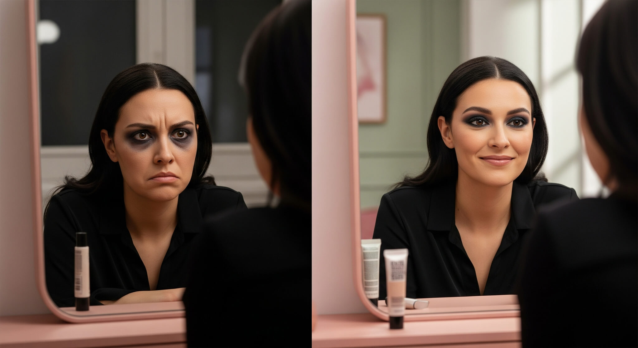 image depicting the difference between using and not using eyeshadow primer. On the left, a woman with smudged, dark eyeshadow and a disappointed expression looks into a mirror, highlighting the 'mistake' of not using primer. On the right, the same woman looks confident and happy, with perfectly applied, long-lasting dark eyeshadow, demonstrating the benefits of primer. The vanity is dusty rose, with cream and sage green elements in the background, contrasting the 'before' and 'after' looks for optimal visibility in makeup and beauty searches.