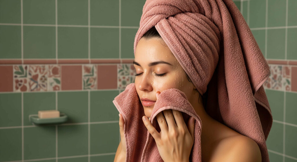 A person holds up a single multi-purpose towel, with its various uses (body, hair, face) highlighted, symbolizing 'Habit #4: Using One Towel for Everything.' This image shows a 'daily habit secretly damaging your skin' as part of the 'guide to adult acne