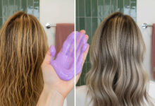 A split-screen before-and-after image from the 'complete guide to using purple shampoo' to 'prevent brassy blonde hair.' The left side shows brassy, yellow-toned hair, while the right shows cool, ashy hair, with a hand holding the purple shampoo in the center. This visual shows how to 'make your hair color last longer' and 'prevent fading'.