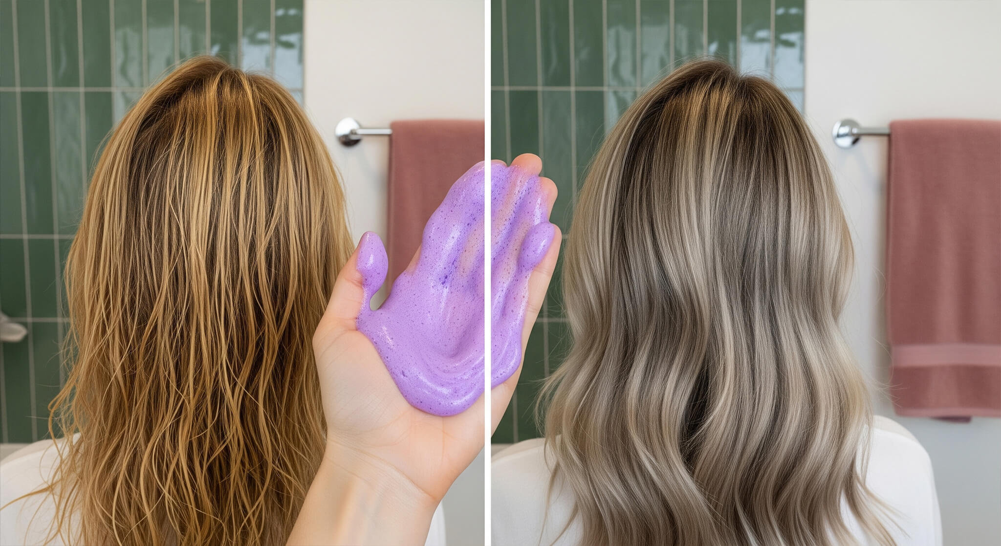 A split-screen before-and-after image from the 'complete guide to using purple shampoo' to 'prevent brassy blonde hair.' The left side shows brassy, yellow-toned hair, while the right shows cool, ashy hair, with a hand holding the purple shampoo in the center. This visual shows how to 'make your hair color last longer' and 'prevent fading'.
