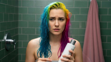 A woman with vibrant rainbow hair looks concerned in the shower, questioning if it's 'necessary to wash her hair less to protect the color.' Holding a shampoo bottle, her expression captures the dilemma discussed in the guide on 'how to make your hair color last longer' and 'prevent fading'.