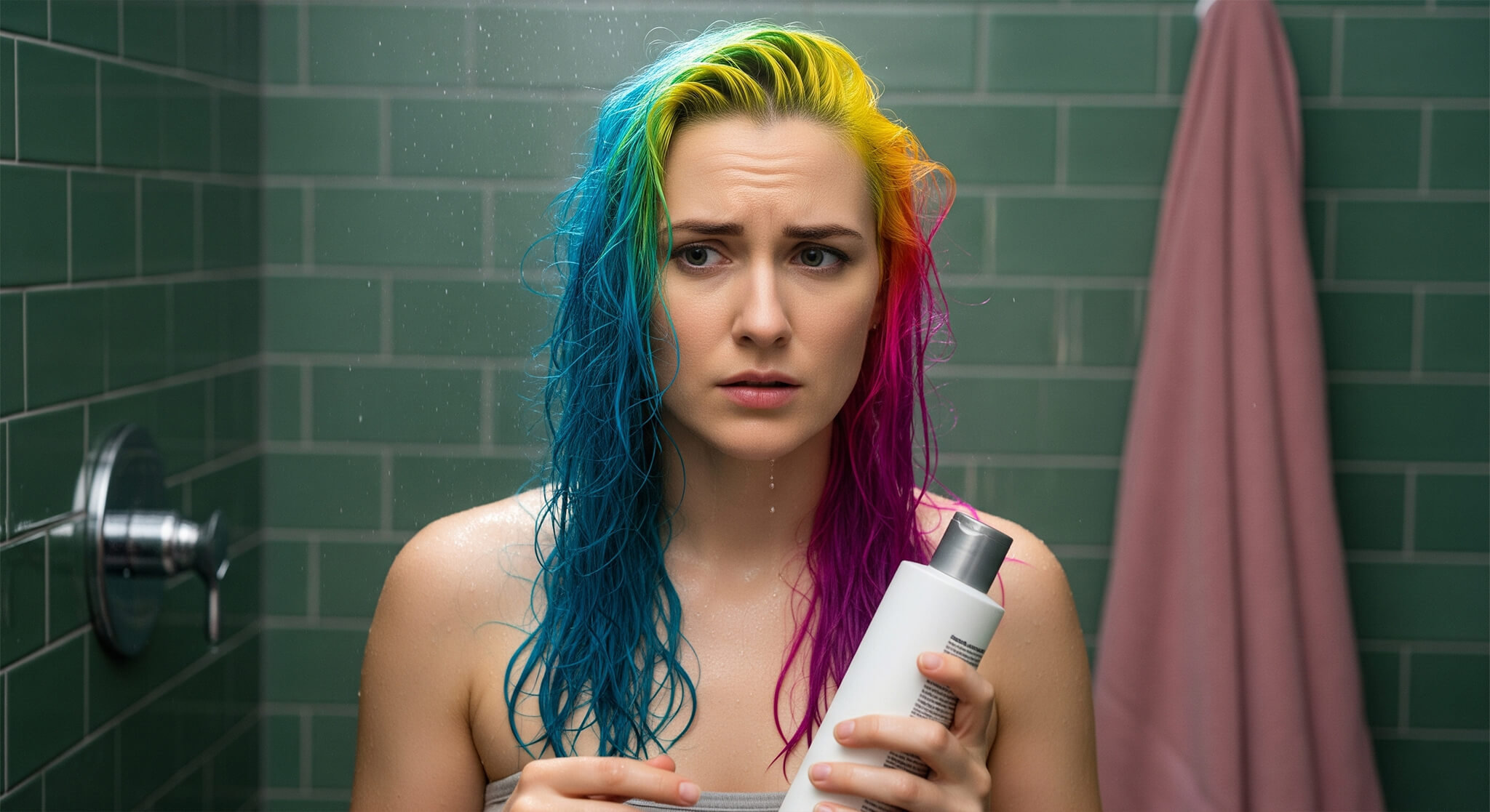 A woman with vibrant rainbow hair looks concerned in the shower, questioning if it's 'necessary to wash her hair less to protect the color.' Holding a shampoo bottle, her expression captures the dilemma discussed in the guide on 'how to make your hair color last longer' and 'prevent fading'.